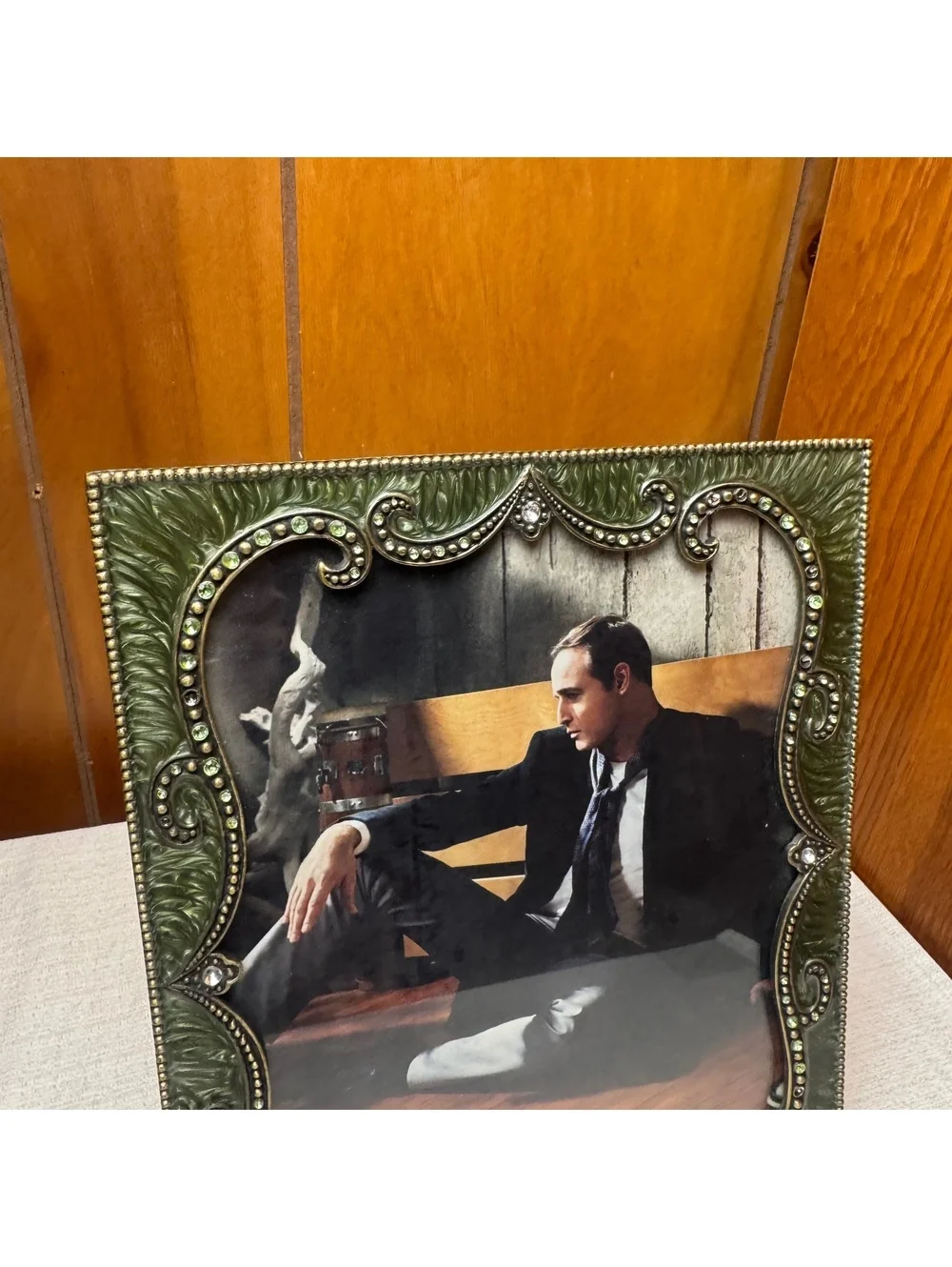 Vintage Jeweled 8x10 Picture Frame Green Ornate Resin Rhinestone Easel